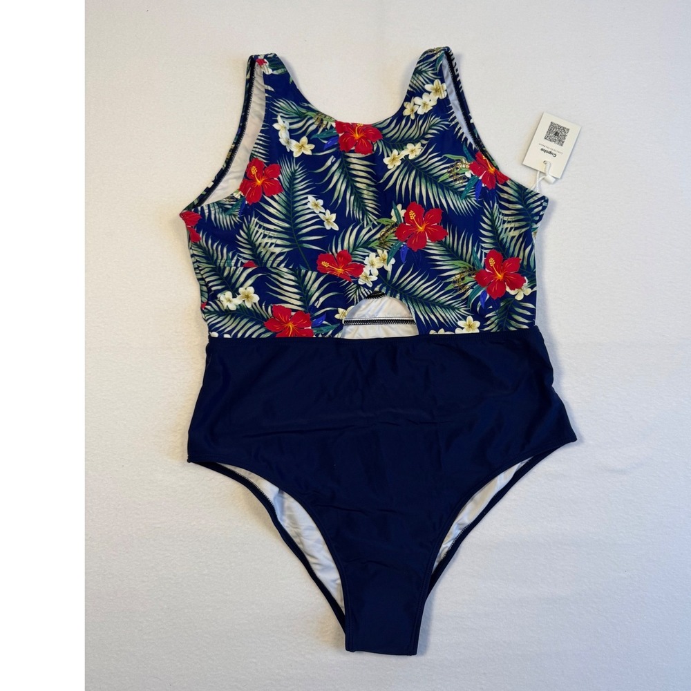 Tropical Floral NWT Cupshe XXL One Piece Swimsuit Navy Blue Red‎ Cutout Hibiscus
